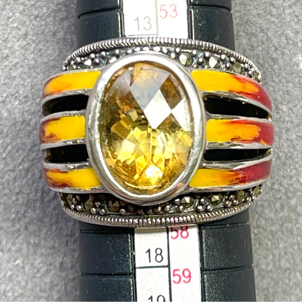 Signed DP Sterling Silver Citrine and Tiger Striped Enamel Ring with Marcasites
